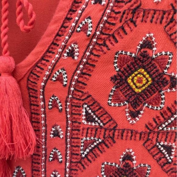 Lucky Brand Embroidered Red Peasant top w tassels - Picture 4 of 7